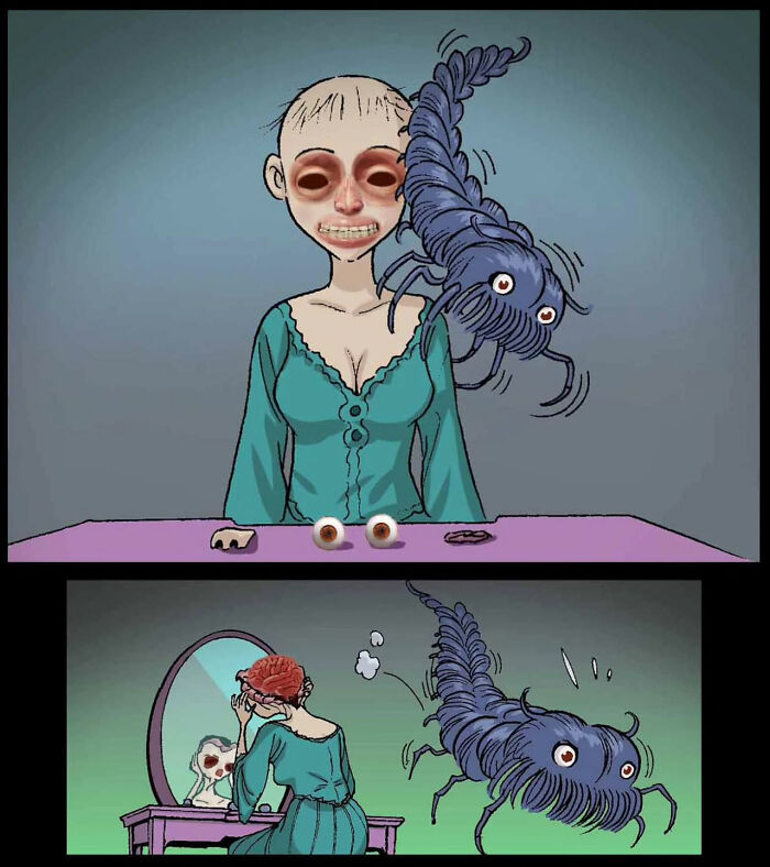 A chilling DarkBox Comics scene with a figure and a large, eerie creature by a mirror.