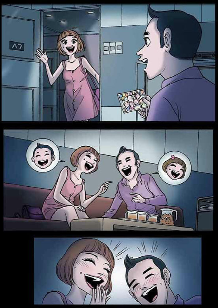 Two people laugh joyfully in a living room, hinting at chilling stories from DarkBox Comics.