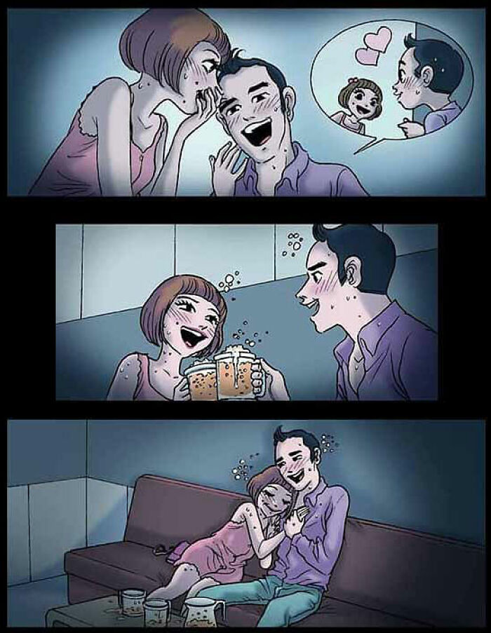 Couple laughing and sharing drinks on a couch. DarkBox Comics storytelling through silent visuals.