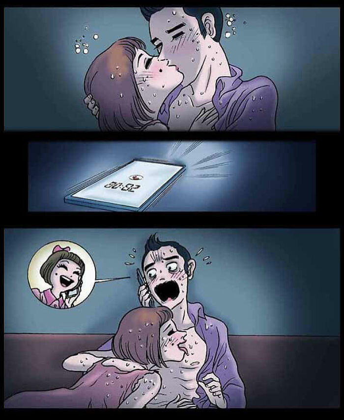 Couple kissing in suspenseful DarkBox Comics scene, interrupted by an unexpected phone call.