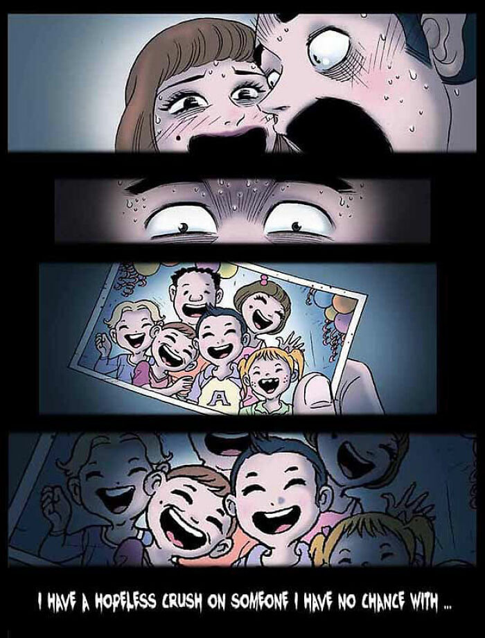 Comic panels from DarkBox Comics depicting a chilling story, showing anxious faces and a group photo.