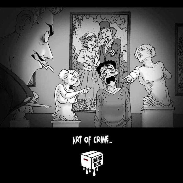 A distraught man surrounded by haunting statues in a DarkBox Comics illustration.