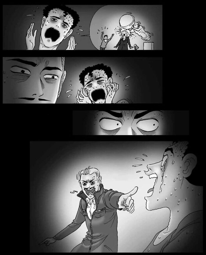 A scared character sweating as another angrily points at them in a DarkBox Comics scene.