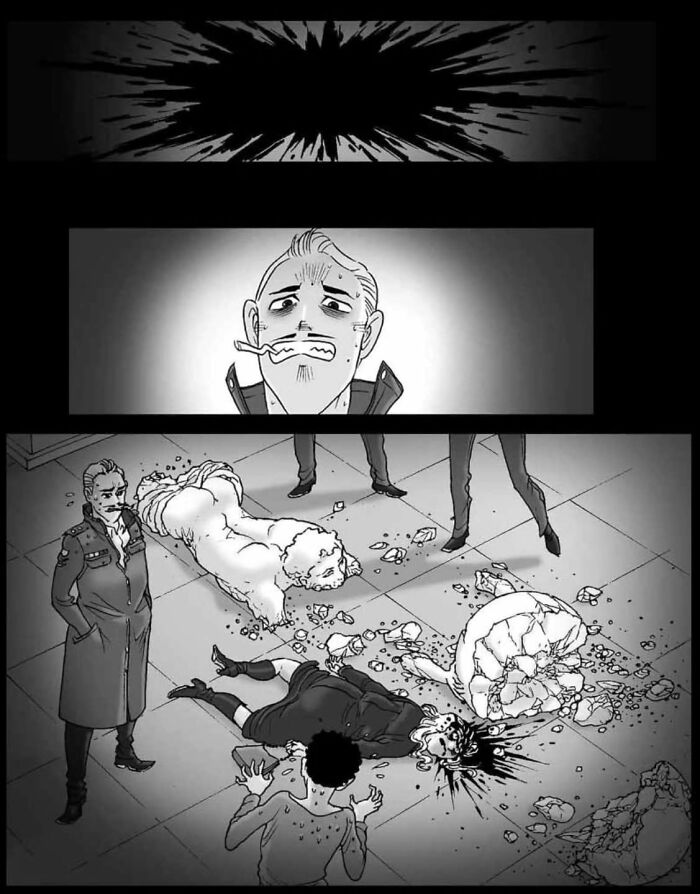 Monochrome comic scene depicting a dramatic confrontation, featuring characters reacting to shattered statues.