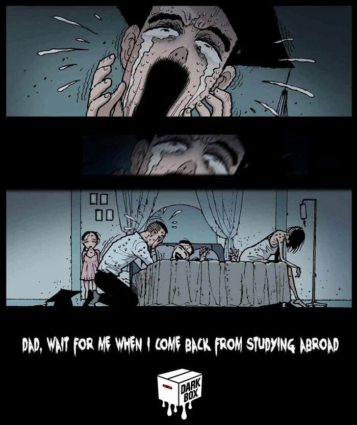 Crying man in DarkBox Comics scene, depicting emotional farewell in a chilling story without words.