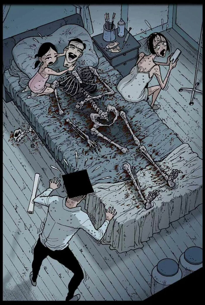 DarkBox Comics illustration of skeletons in a haunting bedroom scene.