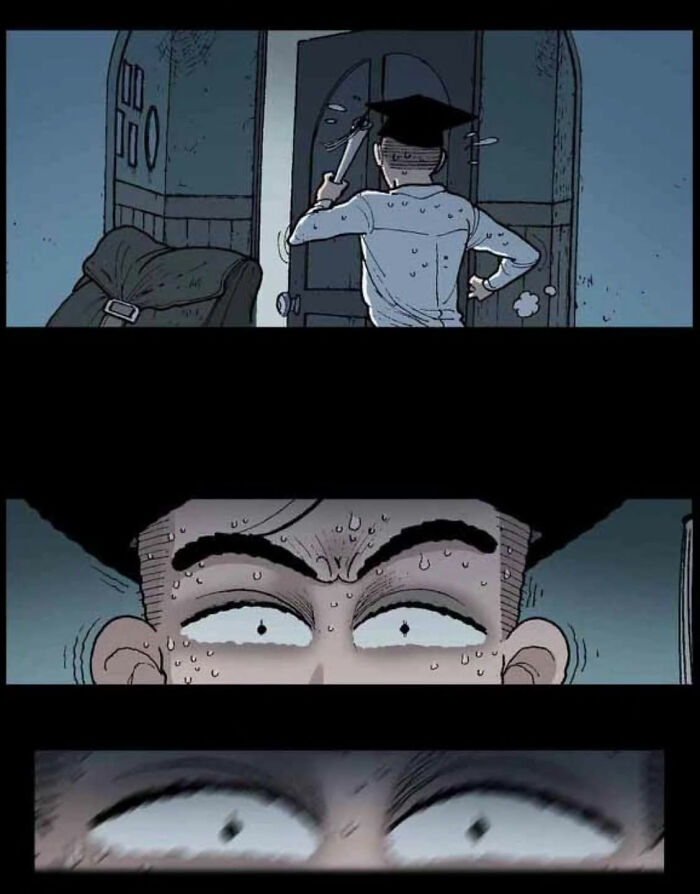 A tense scene from DarkBox Comics showing a sweating figure with wide eyes, holding a knife, ready to open a door.