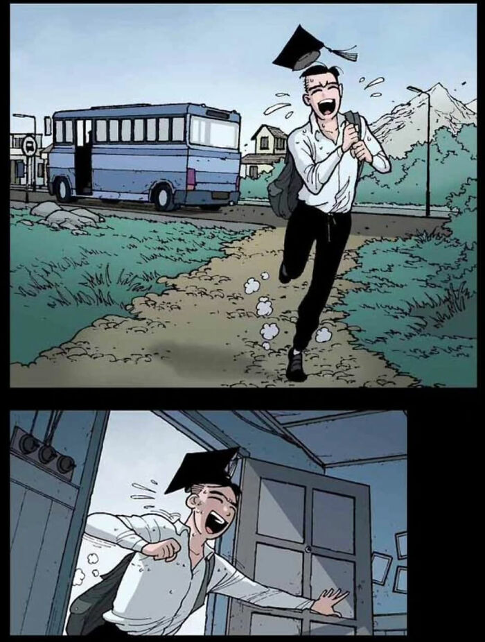Man with a backpack and graduation cap running joyfully toward a house. DarkBox Comics story scene.