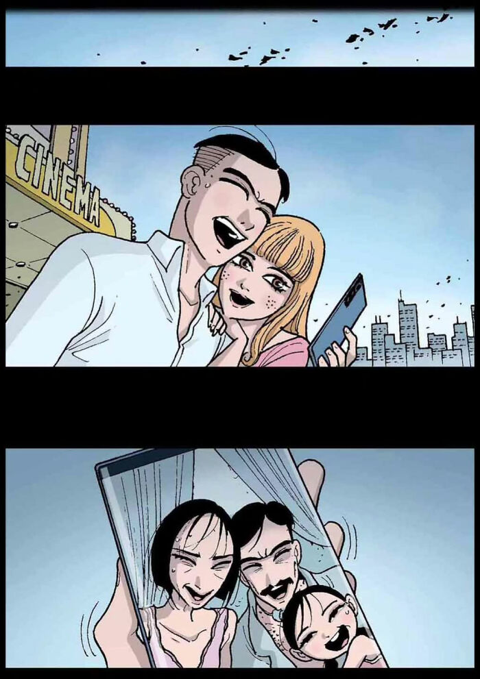 Couple taking a selfie in front of cinema, revealing a ghostly family on phone screen. Chilling DarkBox Comics story.