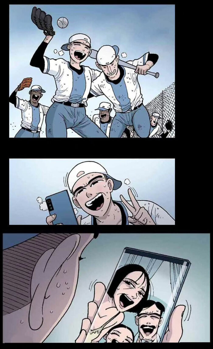 Baseball team cheering with a selfie, while eerie reflection haunts them in the photo. DarkBox Comics story theme.