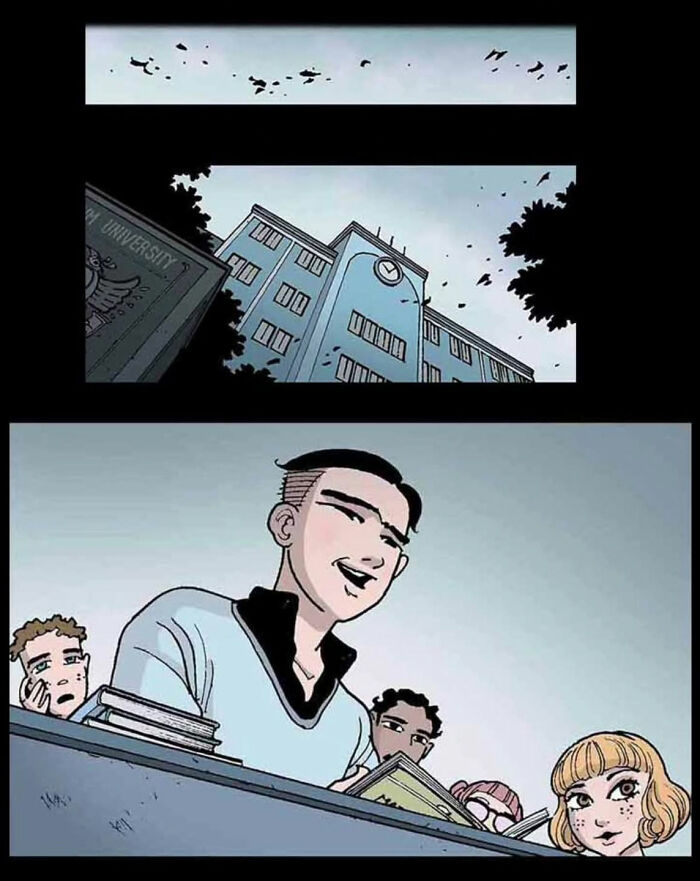 Comic panel with students in front of a university, part of DarkBox Comics' chilling stories collection.