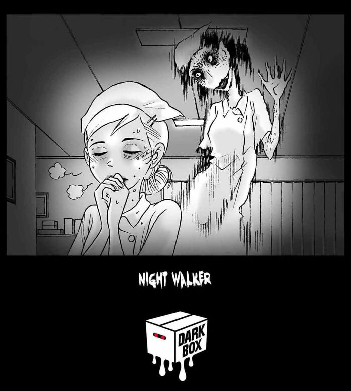 A chilling scene from DarkBox Comics with a ghostly figure haunting a nurse in a dark hallway.