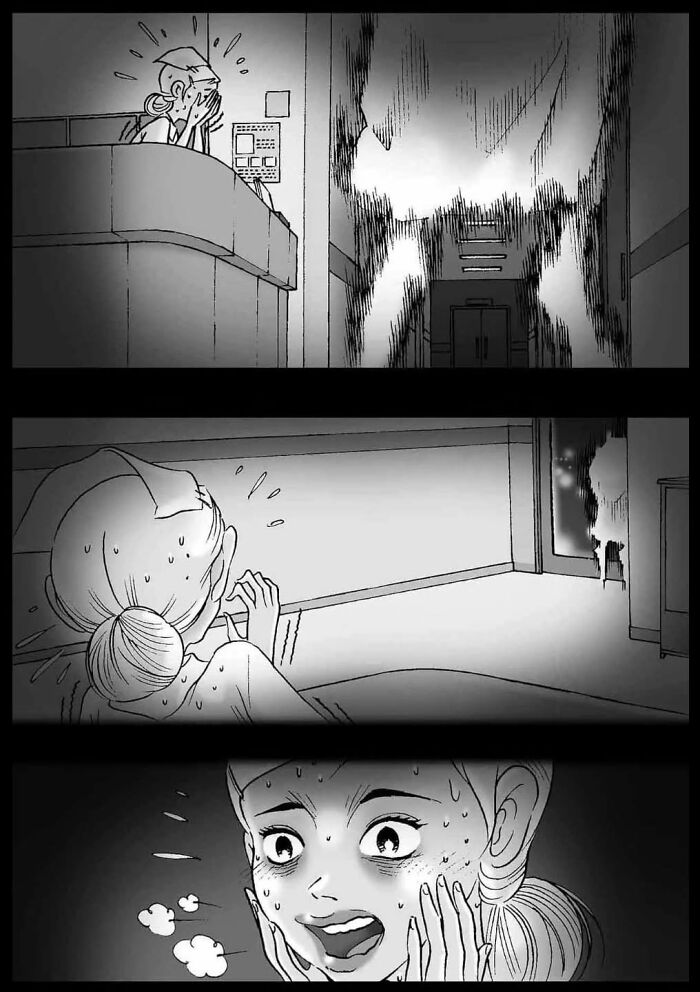 A frightened character in DarkBox Comics reacts to a shadowy figure in a dim hallway, evoking chilling suspense.