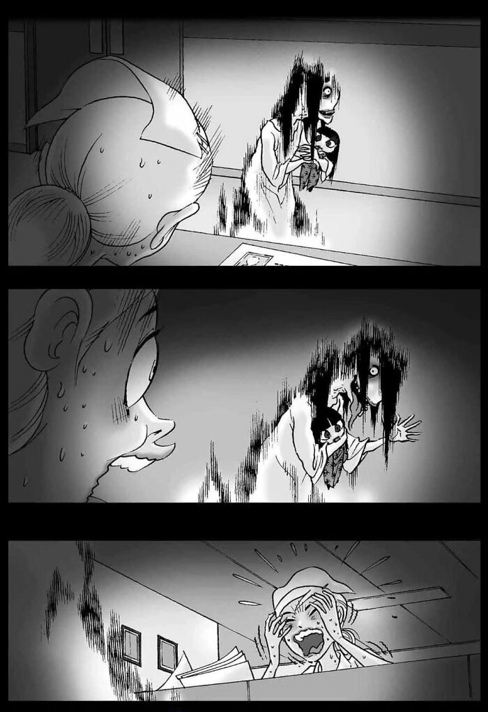 A chilling ghostly figure haunts a terrified person, capturing the essence of DarkBox Comics' haunting stories without words.