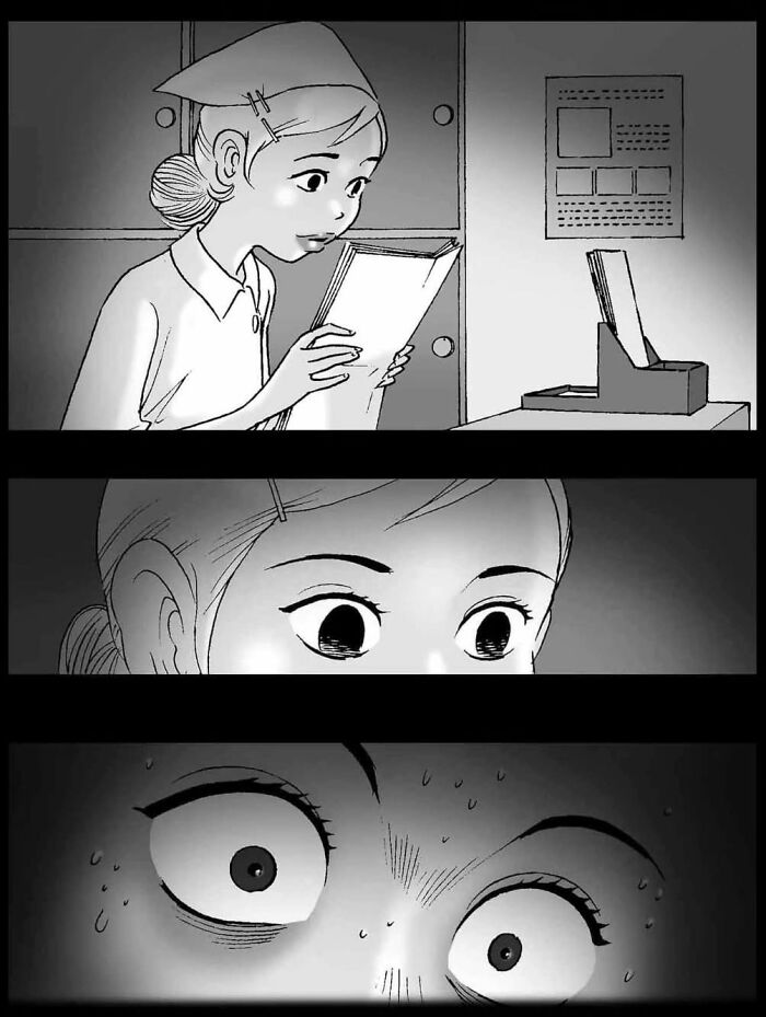 Young girl reading a comic, her expression turns from curiosity to shock. Chilling DarkBox Comics moment.