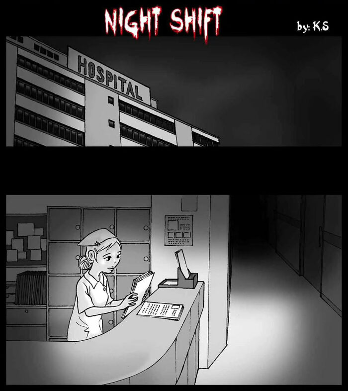 Hospital scene in DarkBox comic, showing a nurse at a desk during a night shift.