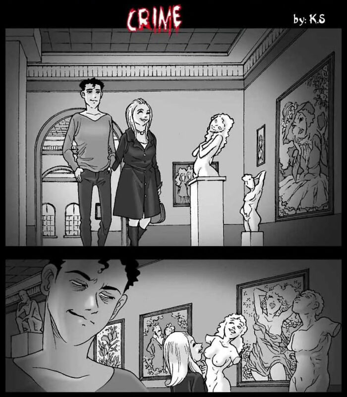 A couple in an art gallery surrounded by sculptures, with a sinister tone from DarkBox Comics stories.