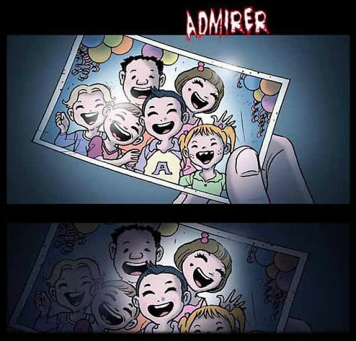 Photo of smiling group with one figure fading, from DarkBox Comics story, "Admirer.