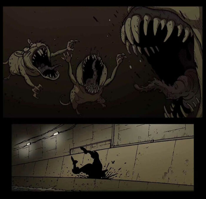 Terrifying creatures with sharp teeth in a dark alley from DarkBox Comics story panel.
