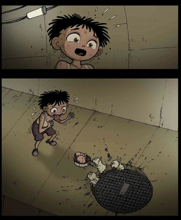 A frightened child nervously watches rats approach from a dark sewer in a chilling DarkBox Comics scene.