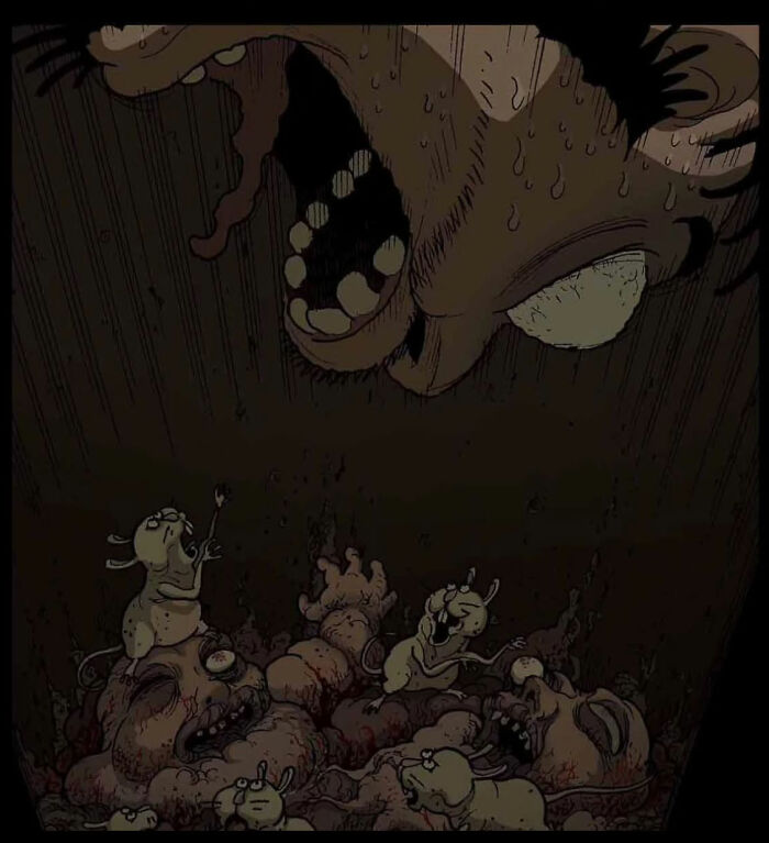 Giant face looming over monstrous creatures in a dark, chilling scene from DarkBox Comics.