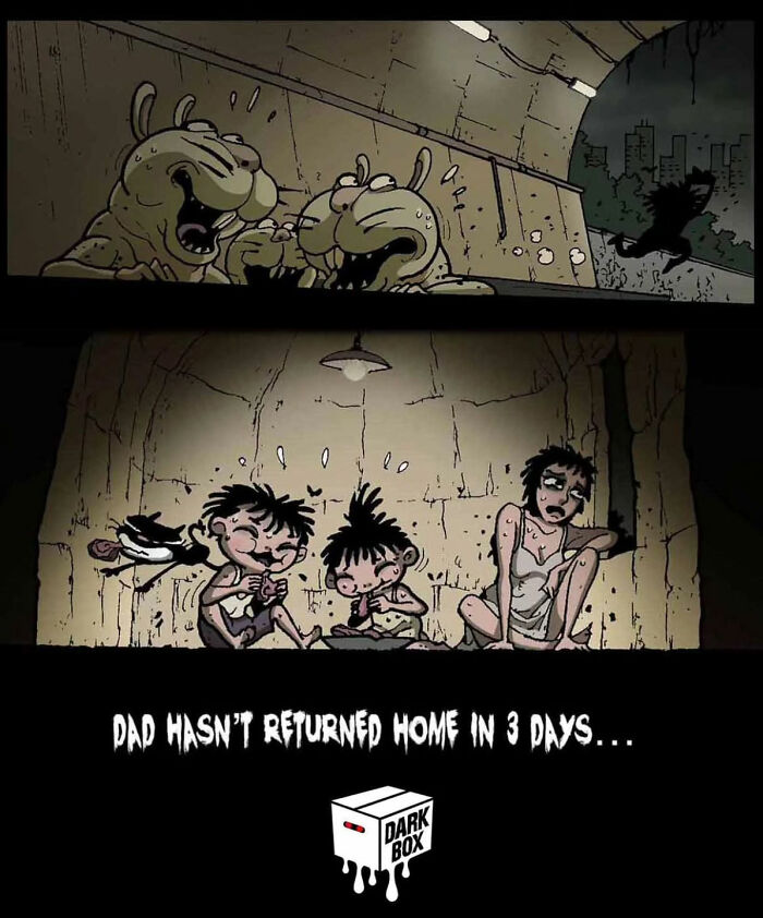 DarkBox Comics illustration with eerie creatures and a worried family. Text: "Dad hasn't returned home in 3 days.