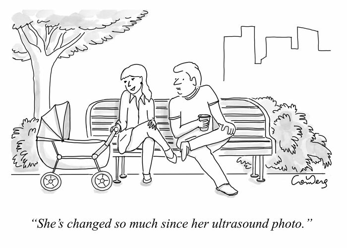 A funny comic of a couple on a park bench, joking about their baby in a stroller with the caption about ultrasound photo changes.