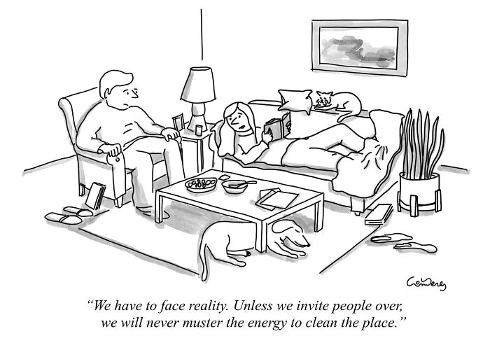 Cartoonist's funny comic about inviting guests to motivate cleaning, featuring a couple relaxing in a messy living room.