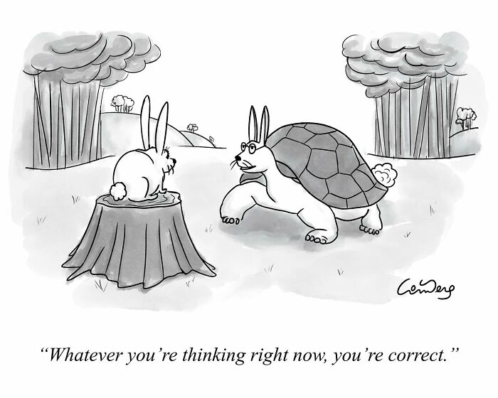 Cartoon featuring a rabbit-turtle hybrid talking to a rabbit on a tree stump in a forest setting.