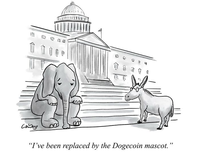 Elephant and donkey on Capitol steps, humorous comic about Dogecoin mascot.