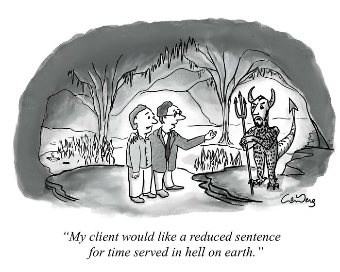 Cartoonist comic showing two people and a devil negotiating a reduced sentence in a cave setting.