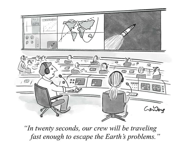 Cartoonist's funny comic of a space mission control room with crew discussing a rocket launch to escape Earth's problems.