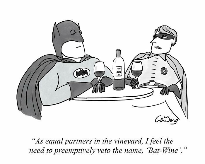 Cartoonist's absurd comic featuring two superheroes debating wine names humorously.
