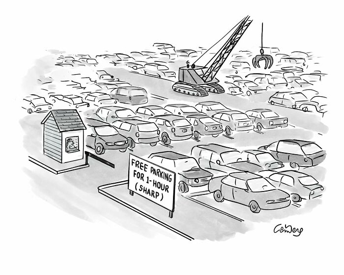Cartoonist's funny comic of a parking lot with a claw crane for free 1-hour parking enforcement.
