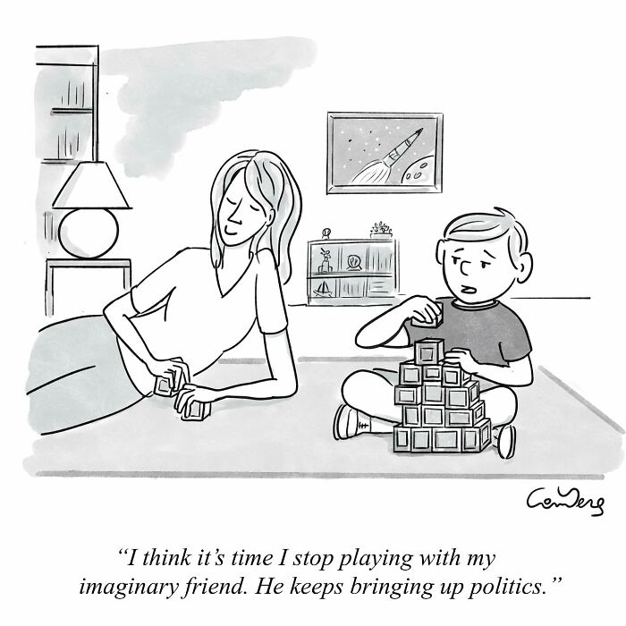 A cartoon of a woman and child building blocks, with a funny imaginary friend politics joke.