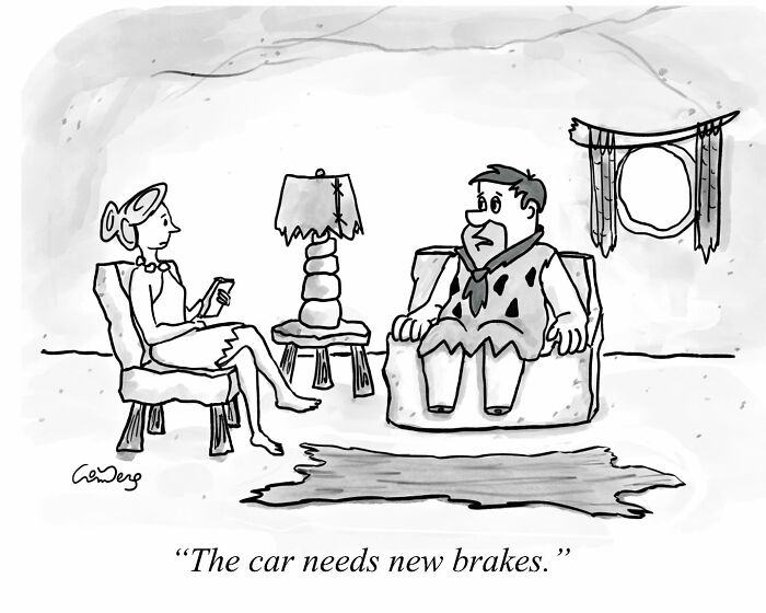 Cartoon of a couple in a living room, with a woman saying, “The car needs new brakes,” in a humorous setting.