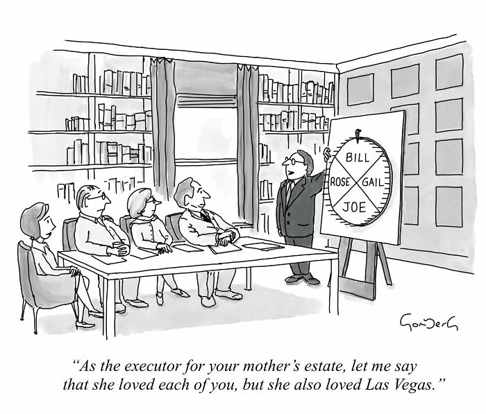 A cartoonist's comic showing a lawyer with a will chart, addressing a family in a library setting.