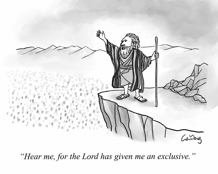 A cartoonist's comic showing a man on a cliff announcing to a crowd.