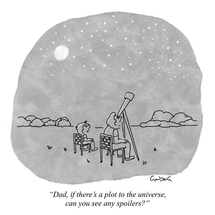 Cartoonist's funny comic of boy asking dad about universe spoilers, as they stargaze with a telescope.
