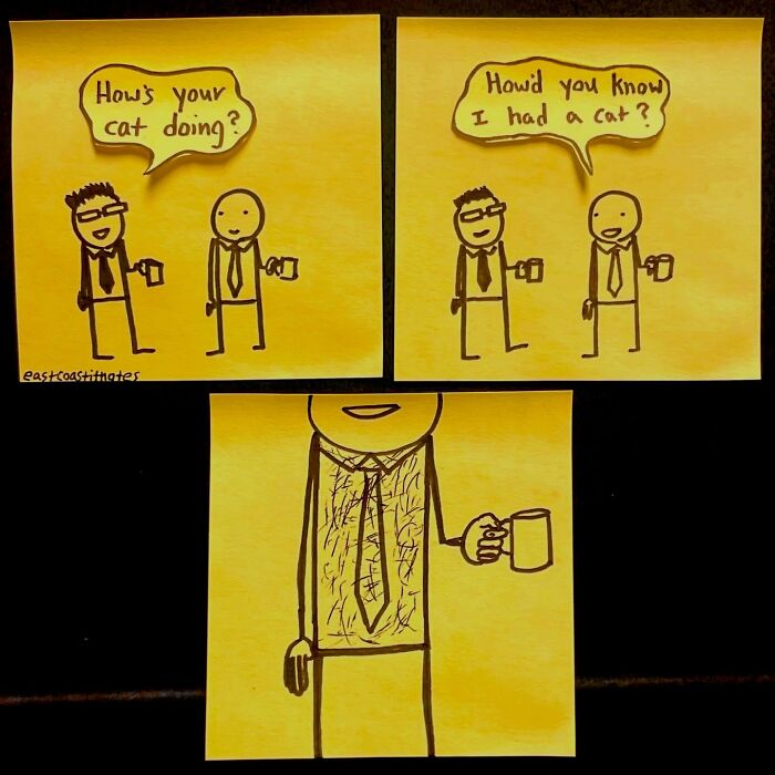 Two drawn characters discuss a cat on sticky notes; one reveals a hairy chest while holding a mug. Funny comics by this artist.