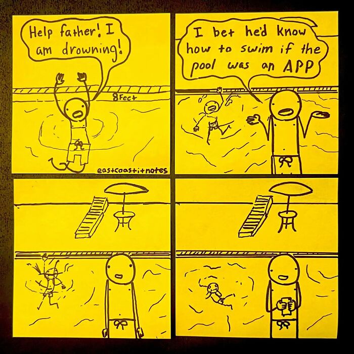 Funny comic by this artist depicting a pool scene with a humorous twist involving an app.