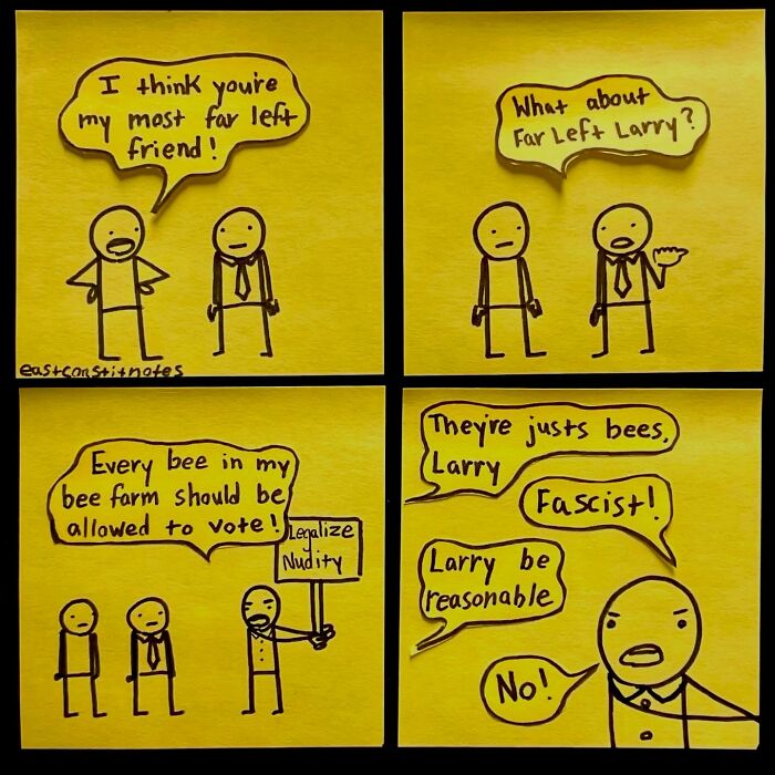 Stick figure comic by an artist discussing far-left politics and bees voting.