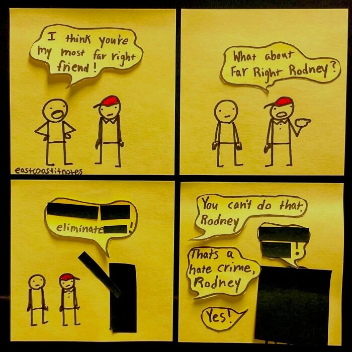 Funny comic strip featuring stick figures and humorous dialogue on post-it notes.