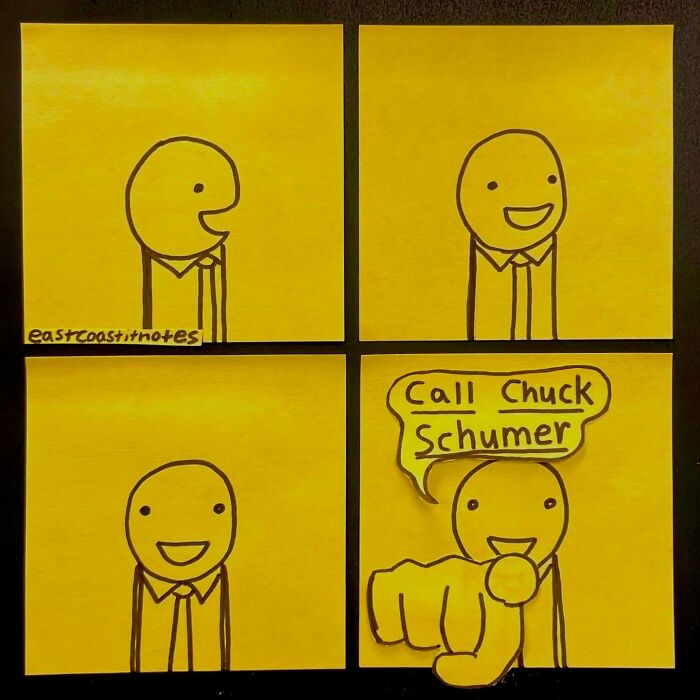 Unpredictably funny comic with a smiling character holding a speech bubble saying, "Call Chuck Schumer."