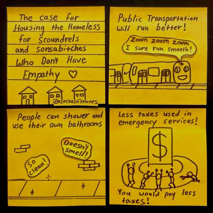 Funny comic illustrating benefits of housing the homeless, including better public transport and less emergency taxes.