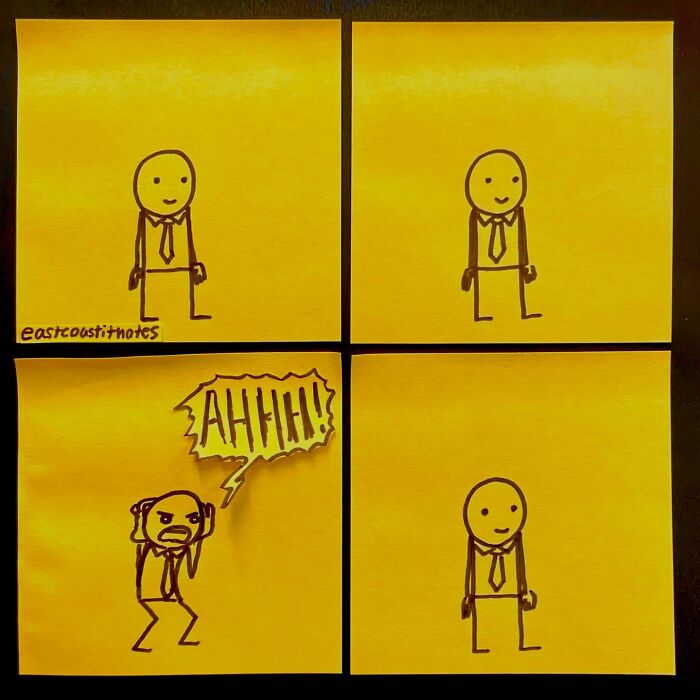 A comic strip by an artist showing a character humorously reacting with "AHHH!" on yellow sticky notes.