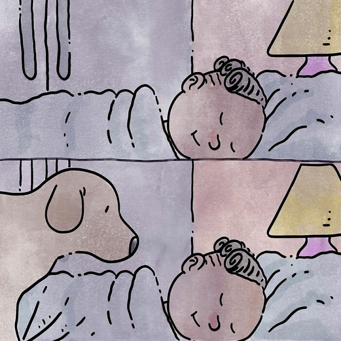 Illustration of a sleeping person with a dog nearby, capturing a pet owner's relatable, heartwarming moment.
