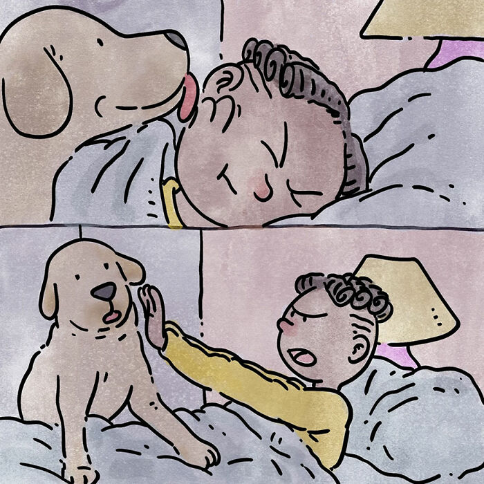 Illustration of a pet owner being licked by a dog in bed; relatable heartwarming pet moment.