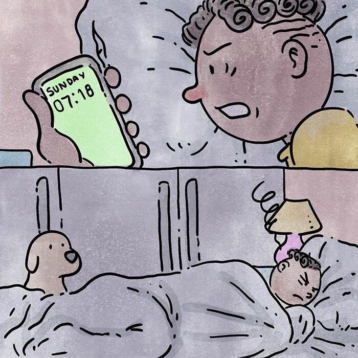 Illustration of a pet owner waking up, checking the time on Sunday morning, dog awake on bed.