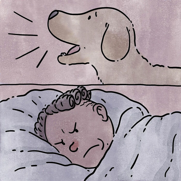 Illustration of a dog barking and a person trying to sleep, capturing a relatable pet owner story.